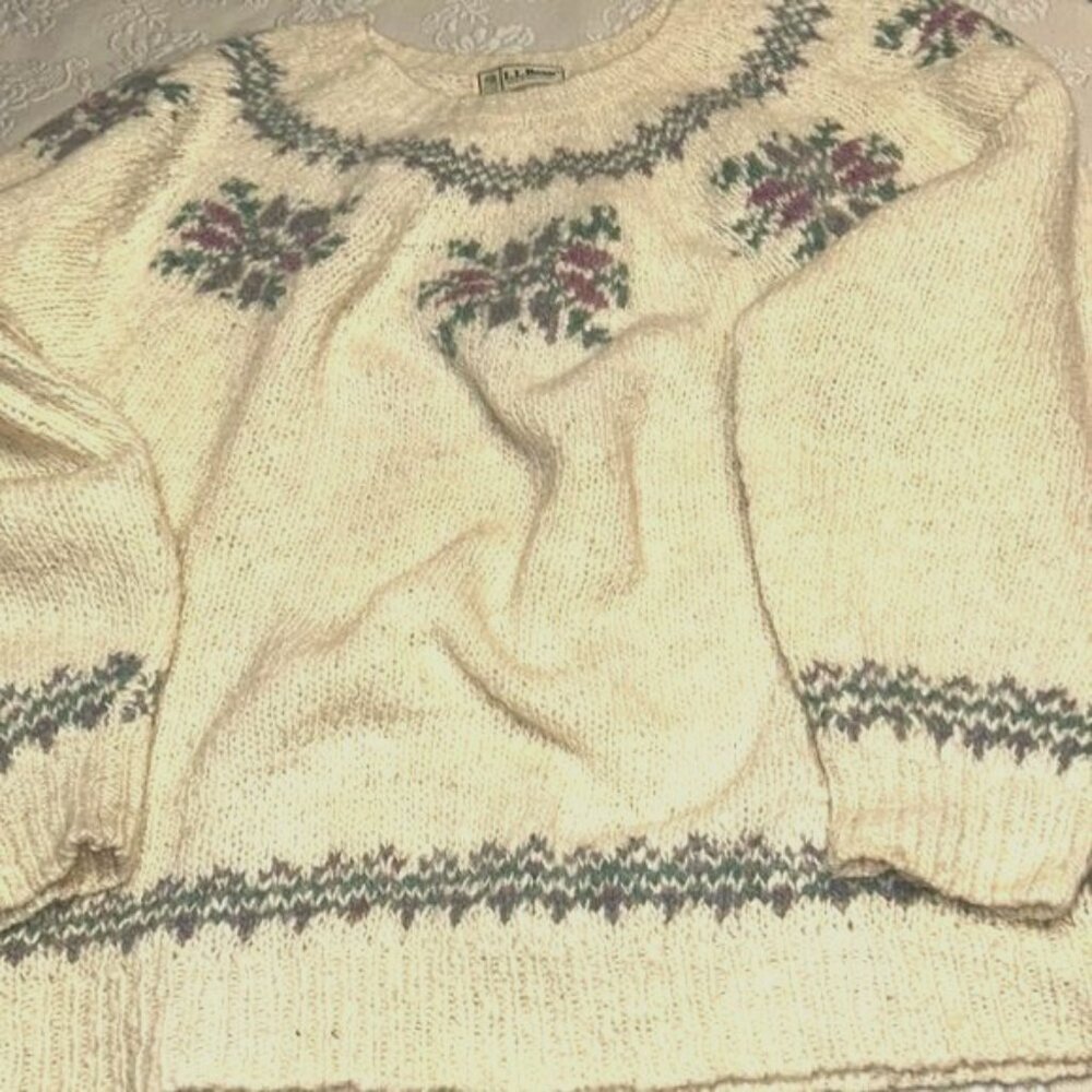 Vintage L.L. Bean Wool Knit Sweater XL Cream Nordic Floral Pattern Cottagecore